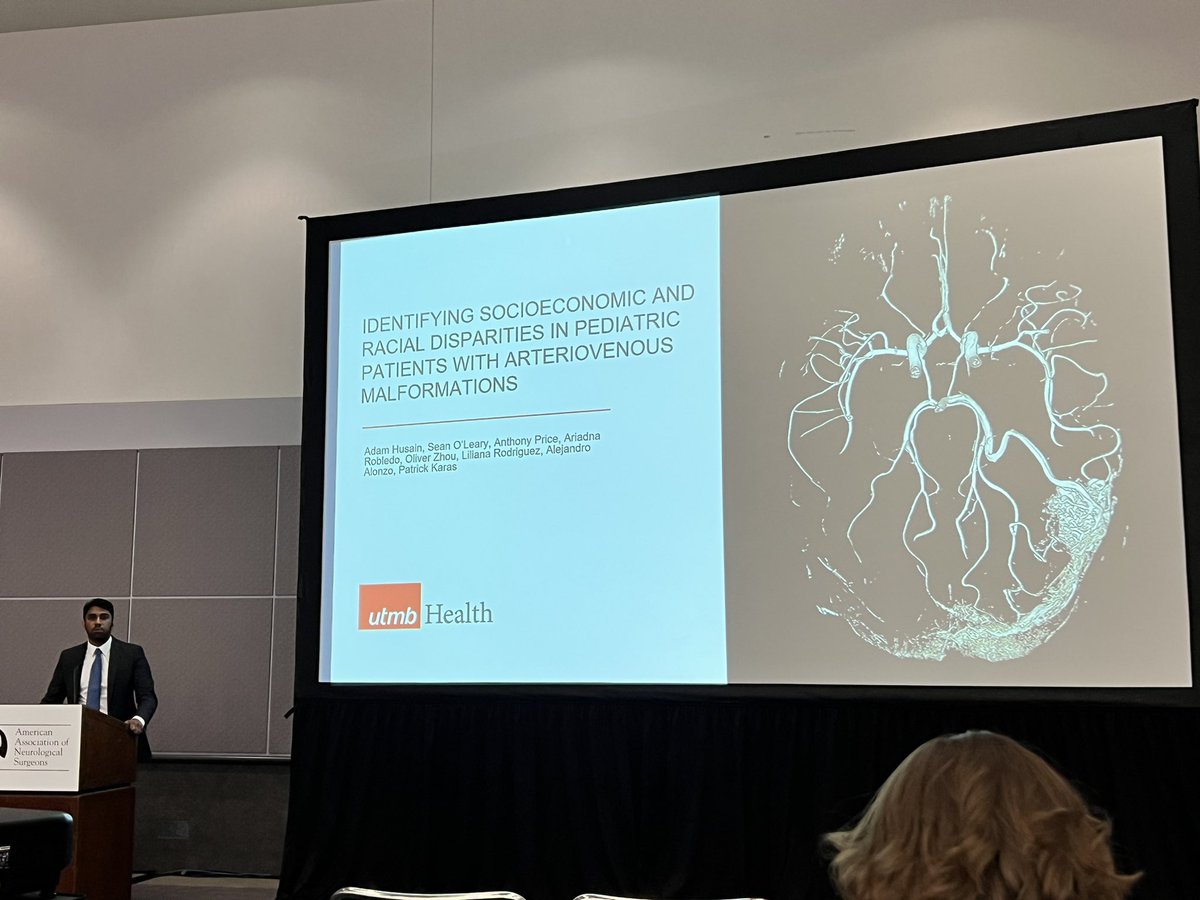 UTMBNeurosurg's tweet image. Medical student @AdamAHusain presenting his findings from the KIDS database on socioeconomic and racial disparities in pediatric AVM outcomes at #AANS2023 in Los Angeles. Great work! @PeterKa80460001 @DrPJKaras