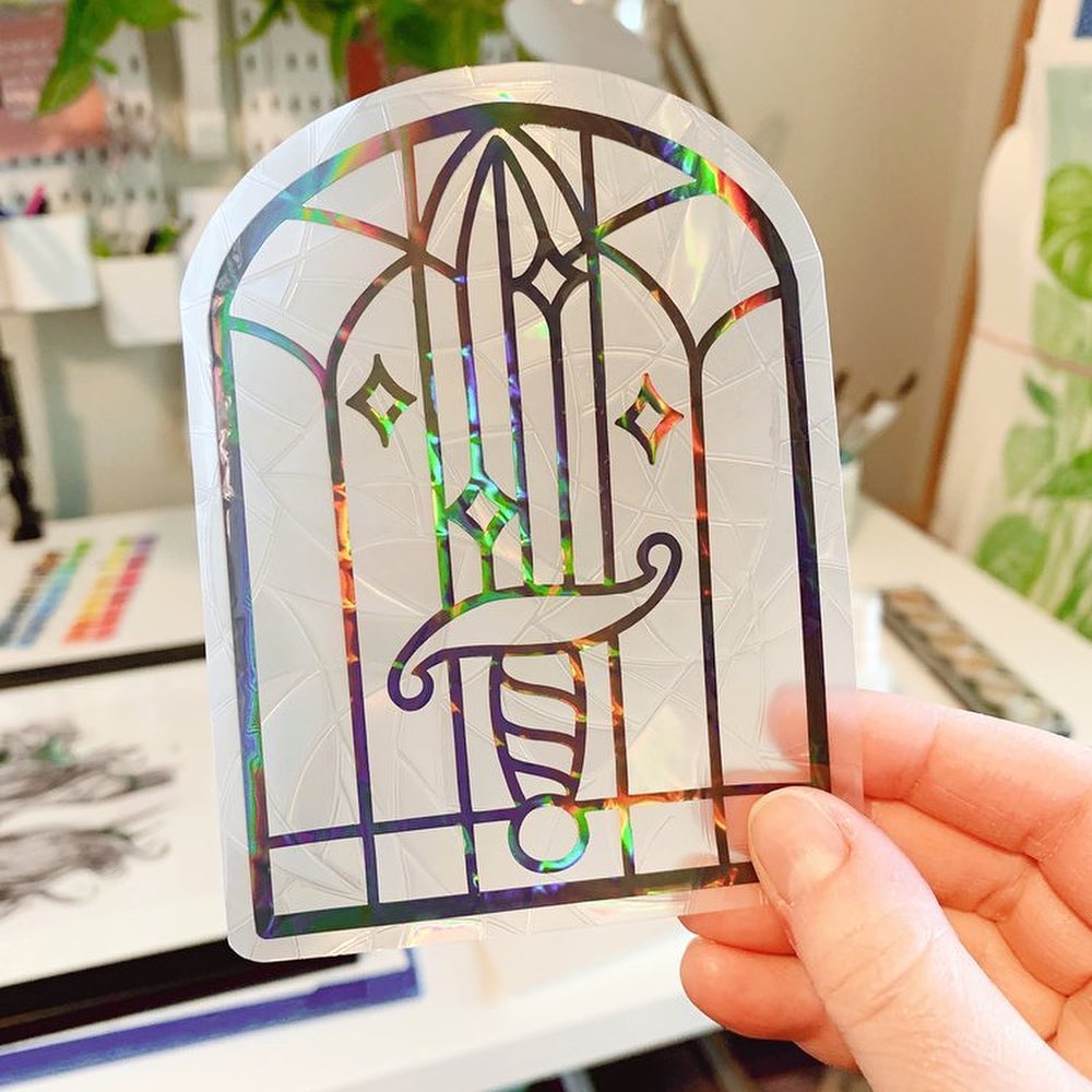 catheroldart's tweet image. Here’s your sign that you and your doggo need a tiny, rainbow producing magic sword window cling. 

What’s at the end of a rainbow? A very good boy. 🐶🌈
-
#handmadestickers #windowclings #prism #illustrationart #swords #artistshop #smallbusiness