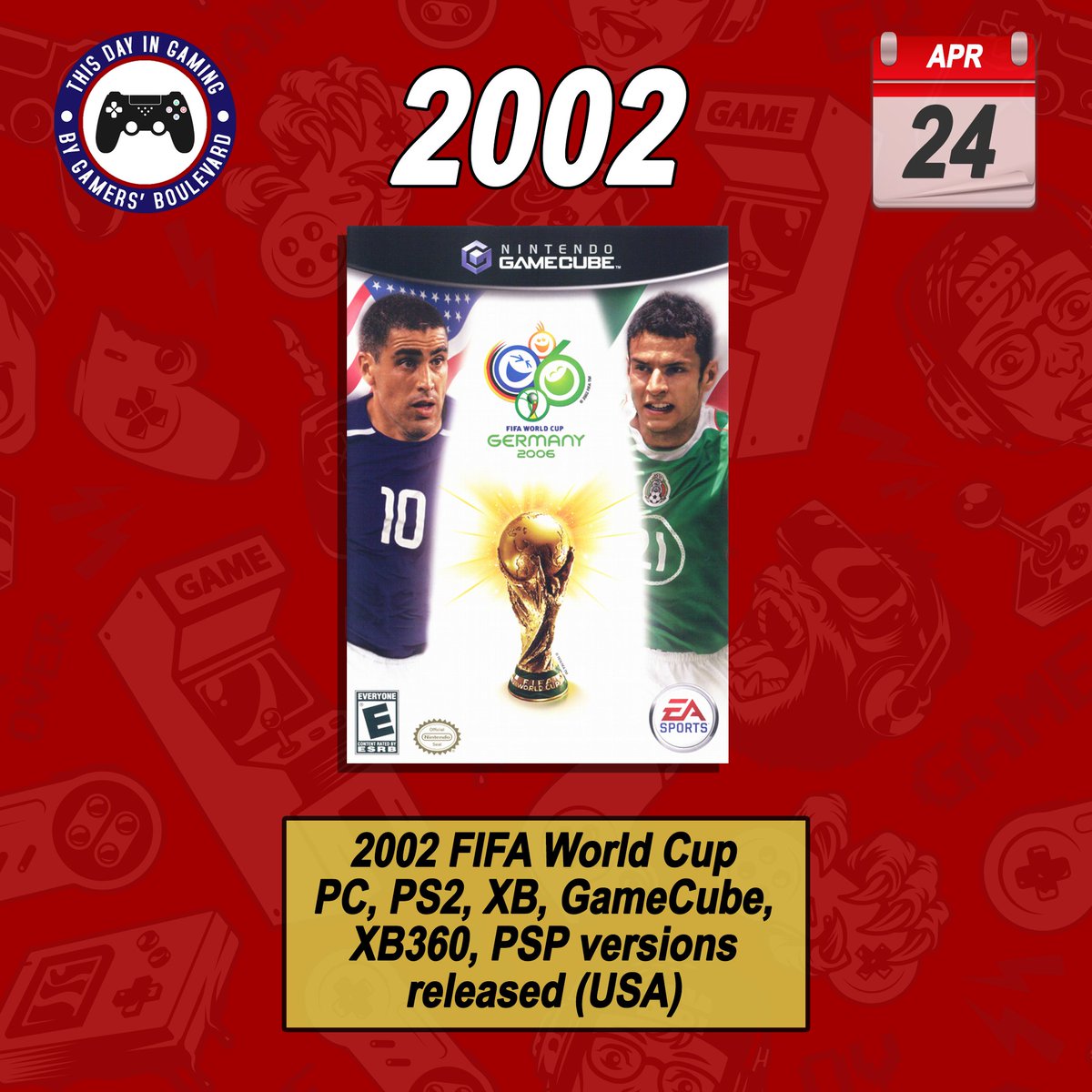 thisdayingaming's tweet photo. #Onthisday: 24 April 2002: 2002 FIFA World Cup - PC, PlayStation 2, Xbox, GameCube, Xbox 360, PSP versions released 

#PS2 #PSP #Xbox #Xbox360 #GameCube #NintendoGameCube #RETROGAMING #RetroGames #ThisDayInGaming #RetroGamers #Gaming #VideoGames #Gaming #Gamers #retrogamerslife https://t.co/jVbvpwXueL
