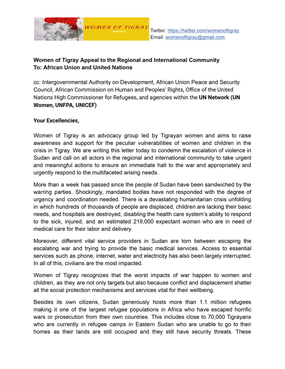 womenoftigray's tweet photo. "We are writing this letter today to condemn the escalation of violence in Sudan and call on all actors in the regional and international community to take urgent and meaningful actions to ensure an immediate halt to the war" @gender_security @WomensPeaceNW  1/2 https://t.co/xDqbOc2JjX
