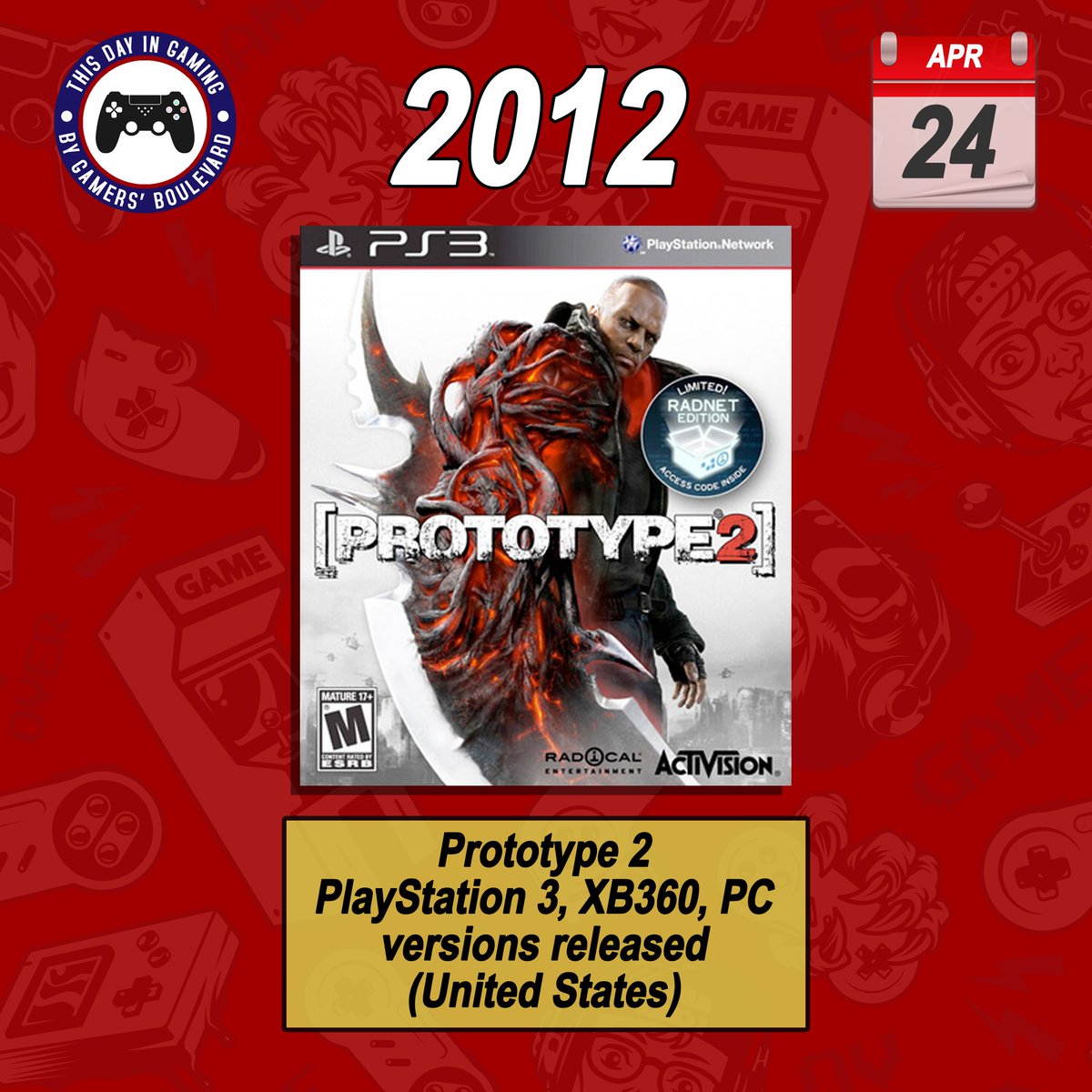 thisdayingaming's tweet photo. #Onthisday: 24 April 2012: Prototype 2 - PlayStation 3, Xbox 360, PC versions released (United States)

#PS3 #Prototype2 #Xbox360 #PlayStation3 
#RETROGAMING #RetroGames #ThisDayInGaming #RetroGamers #Gaming #VideoGames #Gaming #Gamers #retrogamerslife https://t.co/oCdTS9tew0