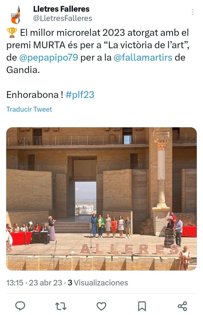pepapipo79's tweet photo. Guanyadora d Premi Murta dels Premis de les @LletresFalleres 2023 d JLF d'Alzira,moltíssimes gràcies, és tot un orgull i un gran honor!❤️
Visca la nostra cultura;visca la meua @fallamartirs i la seua delegació llibret; visca l'art i visquen les lletres i si són falleres millor! https://t.co/ukfJBXTrxW