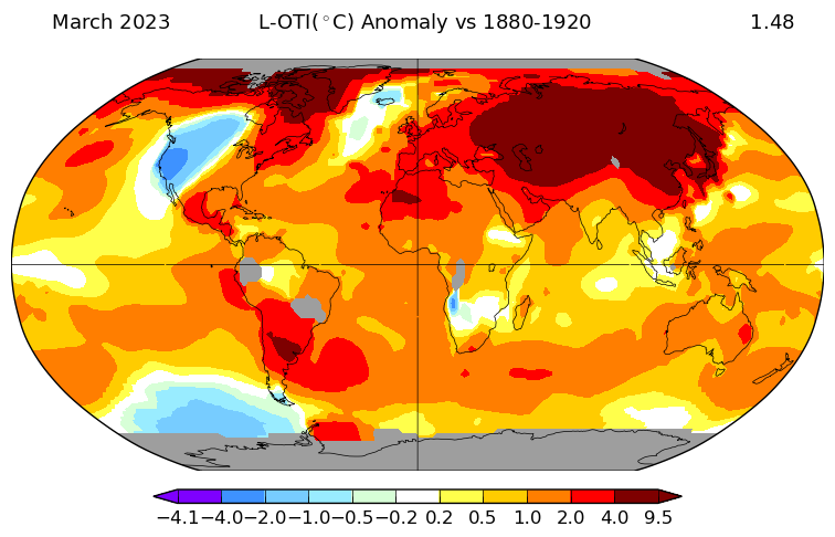 KrVaSt's tweet photo. We had the 2nd warmest March since 1880 (after a La Niña period).
March 2023 was 1.48°C warmer than the preindustrial reference period 1880-1920.
This is something to be scared of. We do have serious indications that April will equal or even exceed +1.5°, even without an El Niño! https://t.co/nIOXXBblmp