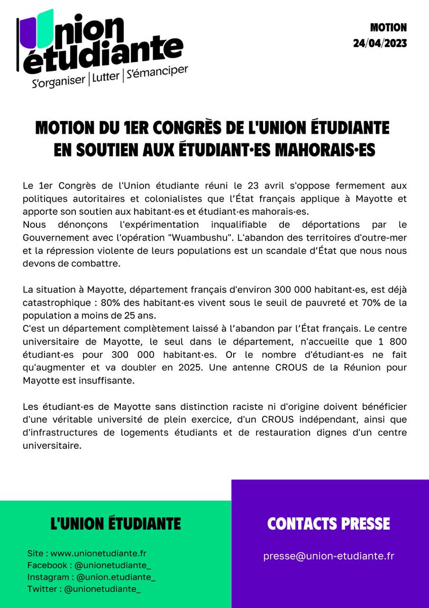 unionetudiante_'s tweet photo. 📣 Motion du 1er Congrès de l'Union étudiante sur la situation à Mayotte ⤵️

Nous nous opposons fermement aux politiques autoritaires et colonialistes que l'État français applique à Mayotte et alertons également sur les conditions de vie et d'études des MahoraisEs.

#Wuambushu https://t.co/EPLNScRgtd
