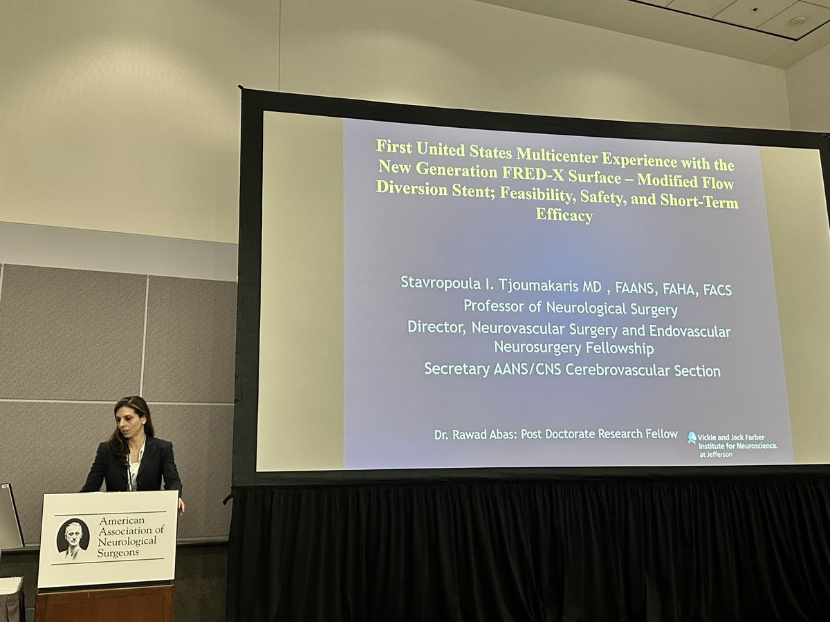 Dr. @StavTjoumakaris talking about the first multi-center experience with the new FRED X flow diverter. @TJUHNeurosurg @TJUHospital @AANSNeuro #AANS2023