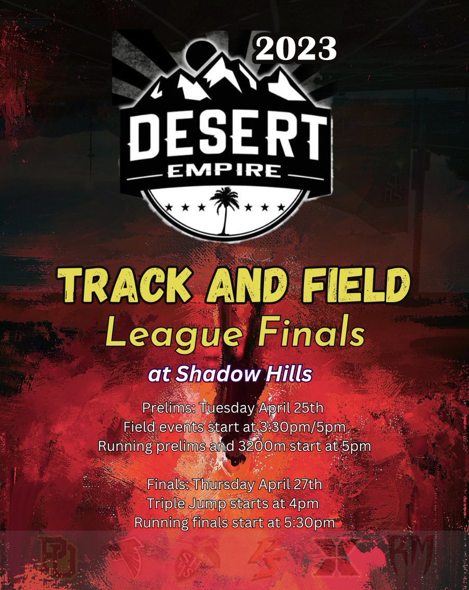 DESERT EMPIRE LEAGUE TRACK AND FIELD FINALS

Tuesday (25th) and Thursday (27th) at Shadow Hills HS <a href="/DesertSunSports/">Desert Sun Sports</a> <a href="/takesbytal/">Talialaina Letoi</a> <a href="/BlakeArthur24/">Blake Arthur</a> <a href="/timobrientv/">Tim O’Brien</a> @BaileyKESQ <a href="/shad_powers/">Shad Powers</a> @AthleticsSHHS <a href="/DesertSandsUSD/">Desert Sands USD</a>