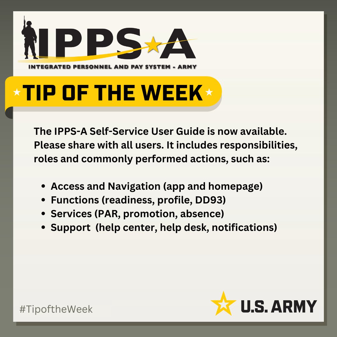 IPPSArmy's tweet image. The IPPS-A Self-Service User Guide is now available. This guide will familiarize all users of their roles, responsibilities and commonly performed actions. 👉Please share.
S1Net: milsuite.mil/book/docs/DOC-…
FB Group: facebook.com/groups/8753983…
#UserGuide #Soldiers #Resources