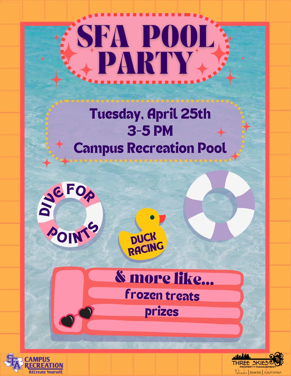 Come out and enjoy the warm weather at the SFA Pool Party! ☀️
It is Tuesday April 25 from 3 – 5 pm at the Campus Recreation Pool!

Hope to see you there!
