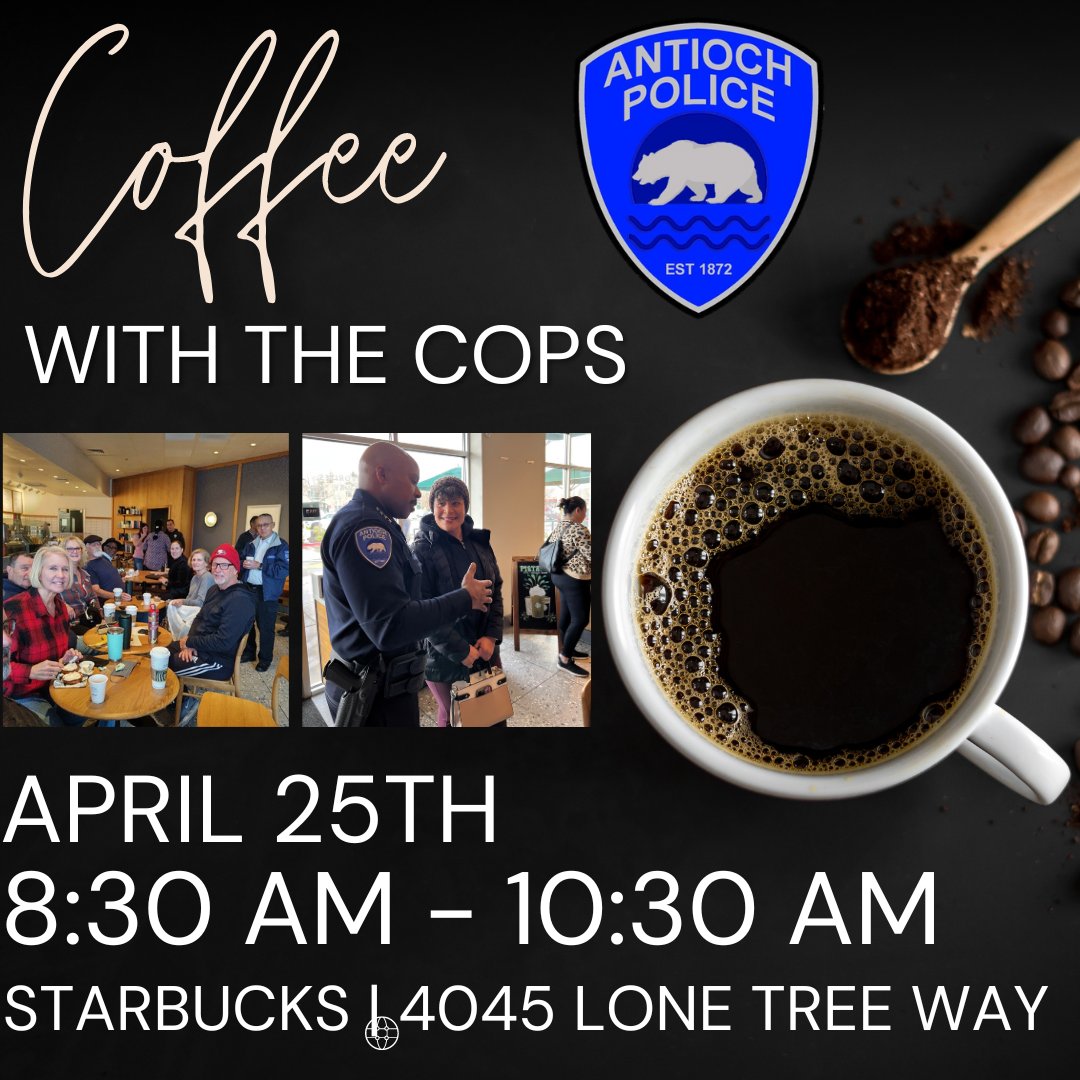 Join us for our second Coffee With The Cops this year! 

It will be tomorrow, April 25th, from 8:30 am - 10:30 am at Starbucks (4045 Lone Tree Way).