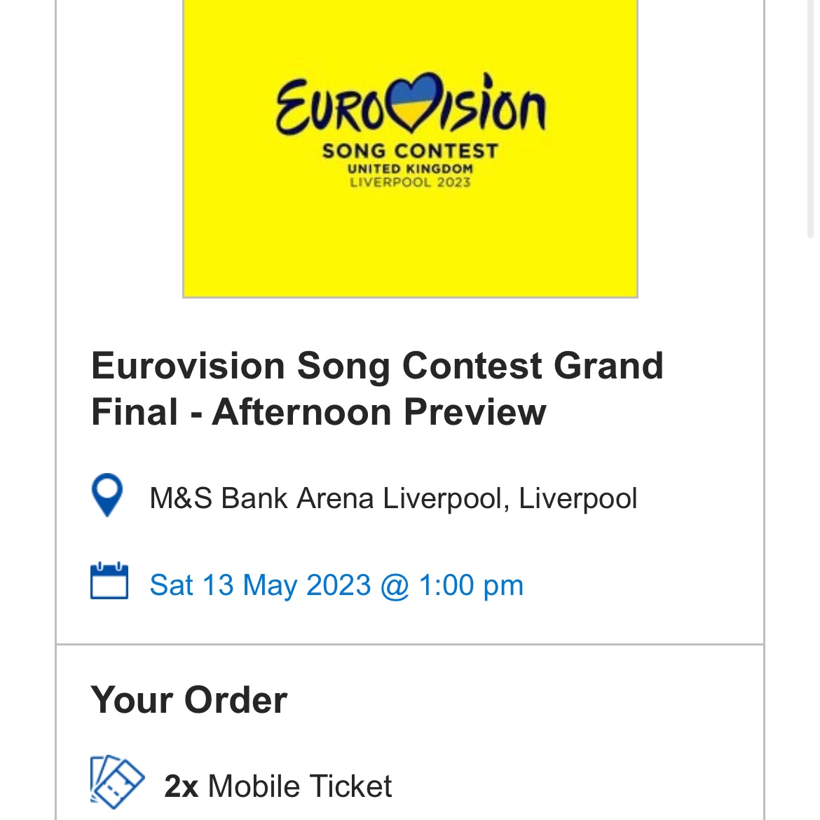 GregHolmes6's tweet photo. #Eurovision2023 tickets for sale to Final afternoon preview on Saturday afternoon. Will give you access to my Ticketmaster account to get access. DM for details 

#Eurovision #Eurovisiontickets #Eurovision2023 #eurovision2023tickets https://t.co/t1ykaSipa4
