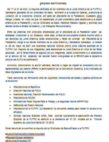 AlvarezDaniel58's tweet photo. CRUZADA INSTITUCIONAL Del 17-21/04, mayoría calificada, miembros de Junta Directiva de la FUTPV, Secret. Grales. de  Sindicatos de Base, denunciaron en Caracas,  violación de la Autonomía Sindical, por parte del Presid. de la Federación, Sr Wills Rangel. #EleccionesSindicales¡YA! https://t.co/BDoTFY913J