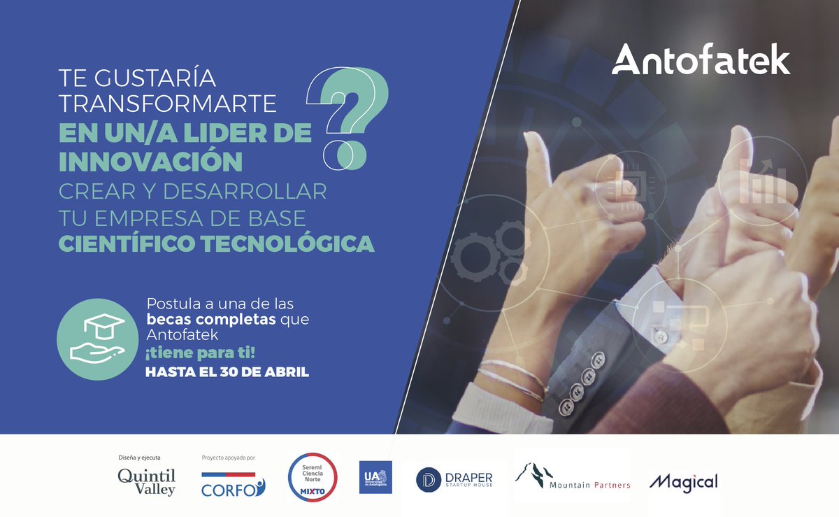 🔴 ATENCIÓN | últimos días para postular a Antofatek 2023, programa de fomento y fortalecimiento para el desarrollo de empresas y emprendimiento de base científico-tecnológica de la región de Antofagasta.
💡POSTULA AQUÍ  programa.quintilvalley.cl/antofatek