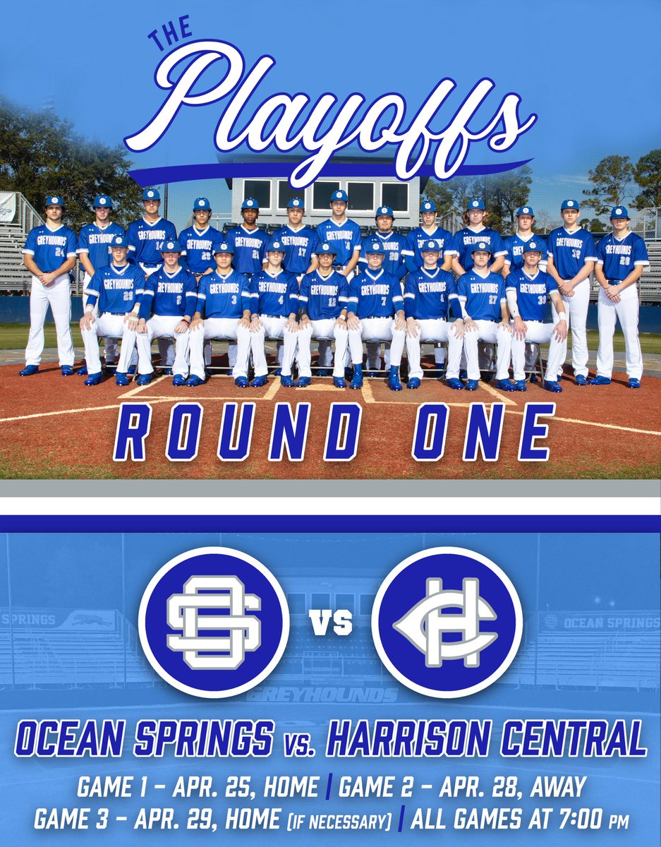 It’s playoff baseball time in OS!

Round 1 will be the Hounds vs. Harrison Central!

🐾 Game 1 - Tues., April 25 at The Tom.
🐾 Game 2 - Fri., April 28 at Harrison Central
🐾 Game 3 - Sat., April 29 at The Tom, if necessary.

All games start at 7.

#OSBaseball | #ThePlayoffs