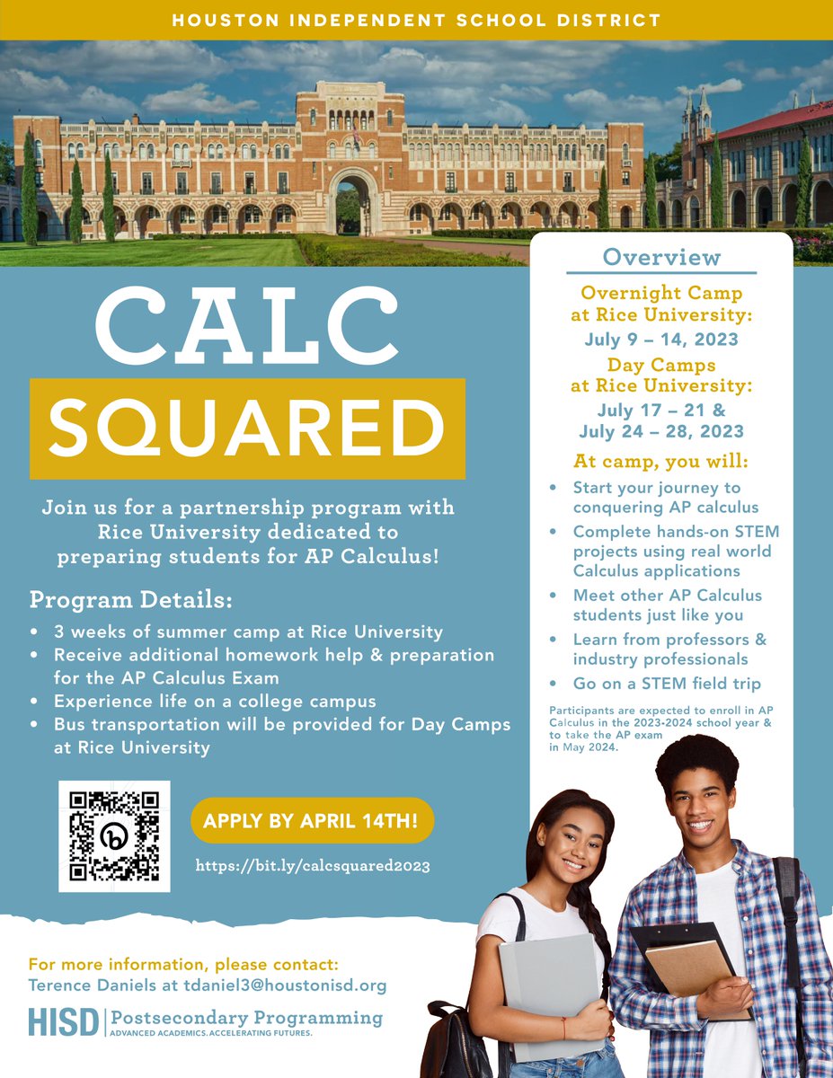 CCMR Postsecondary Houston ISD (@psphisd) on Twitter photo Are you or someone you know planning to take AP Calculus next year? Join us for 3-weeks of summer camps at Rice University for "Calc Squared." The application deadline has been extended. Apply today at bit.ly/calcsquared2023. <a href="/HISDHighSchools/">HISDHighSchools</a> Are you or someone you know planning to take AP Calculus next year? Join us for 3-weeks of summer camps at Rice University for "Calc Squared." The application deadline has been extended. Apply today at bit.ly/calcsquared2023. <a href="/HISDHighSchools/">HISDHighSchools</a>