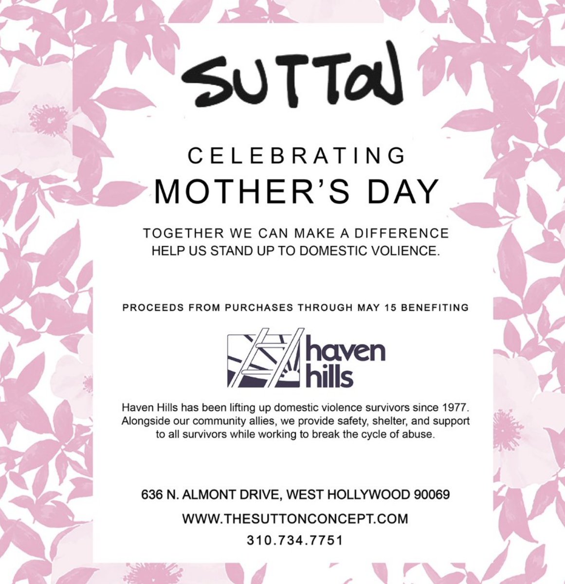 Help @thesuttonconcept make a difference in the lives of Survivors at Haven Hills. Now until Mother's Day, May 15th The Sutton Concept is donating proceeds from purchases. Shop online @thesuttonconcept or in person to help end DV and break the cycle of abuse!