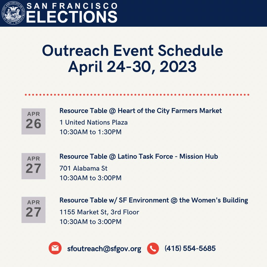 SFElections's tweet photo. We hope to see you at our Outreach events this week! Stop by our booths to learn more about #SFElections and our efforts to engage with the community! 🙌 #voteroutreach #SanFranciso https://t.co/u41xeaBUnn