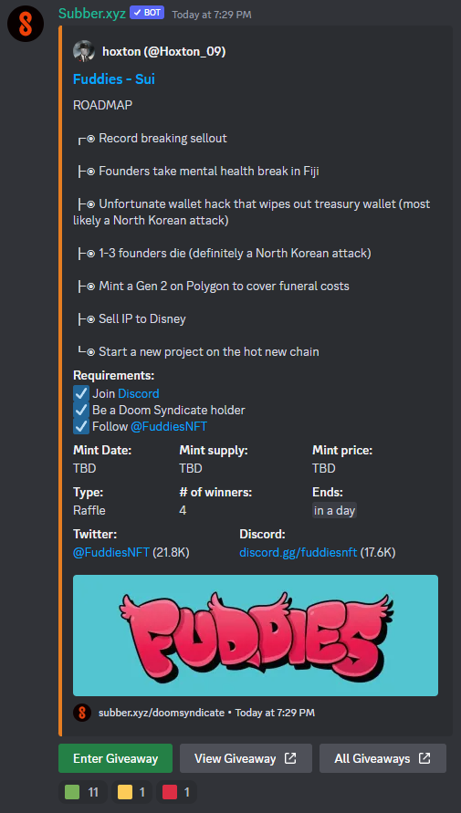 .<a href="/FuddiesNFT/">Fuddies</a>  WL RAFFLE in DISCORD 👀👀

First batch only 😈