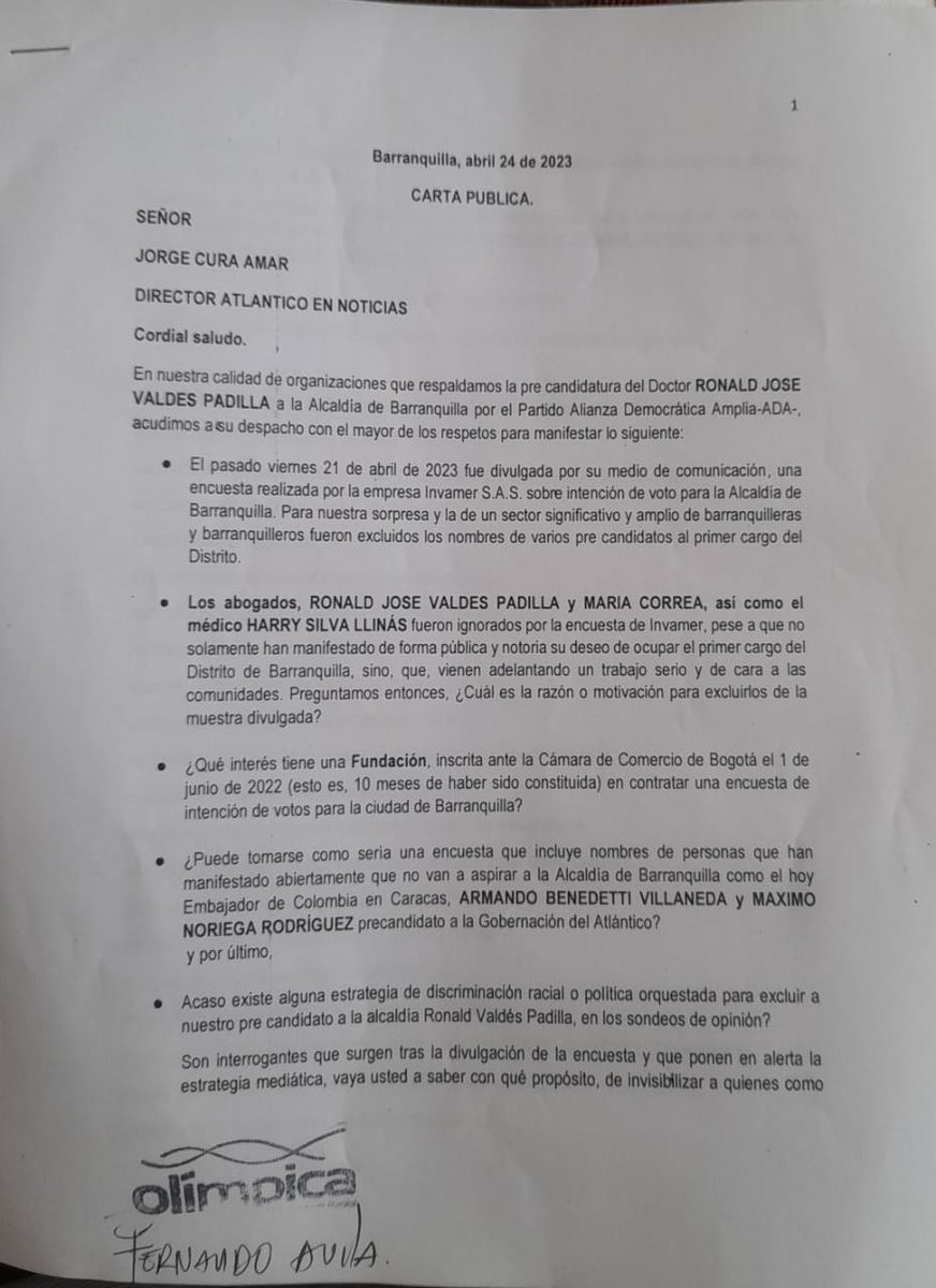 Giovariasc's tweet photo. Pronunciamiento de Orgs, ante nuevo acto de discriminacion de la firma @Invamer a candidato de @partidoADAcol @ronaldvaldespad al excluirlo de última encuesta para  alcaldía de B/quilla. 
¿Estamos ante un nuevo caso de racismo ? 
@jorgecura1070 @BenkosPacifico 
@FranciaMarquezM https://t.co/mmBXEuO7O6