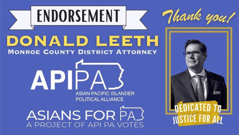 DonaldLeeth4DA's tweet photo. I want to express my heartfelt gratitude for the Asian Pacific Islander Political Alliance endorsement. I am deeply honored and humbled to receive your support and trust in my candidacy for Monroe County District Attorney. @apipennsylvania
#DonaldLeethForDA #TeamLeeth https://t.co/cml3lQEmgs