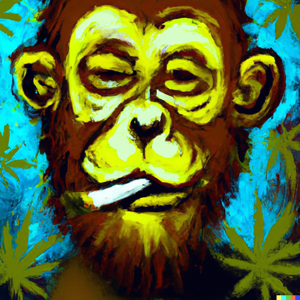 A Van Gogh-style painting of a monkey-faced cannabis user