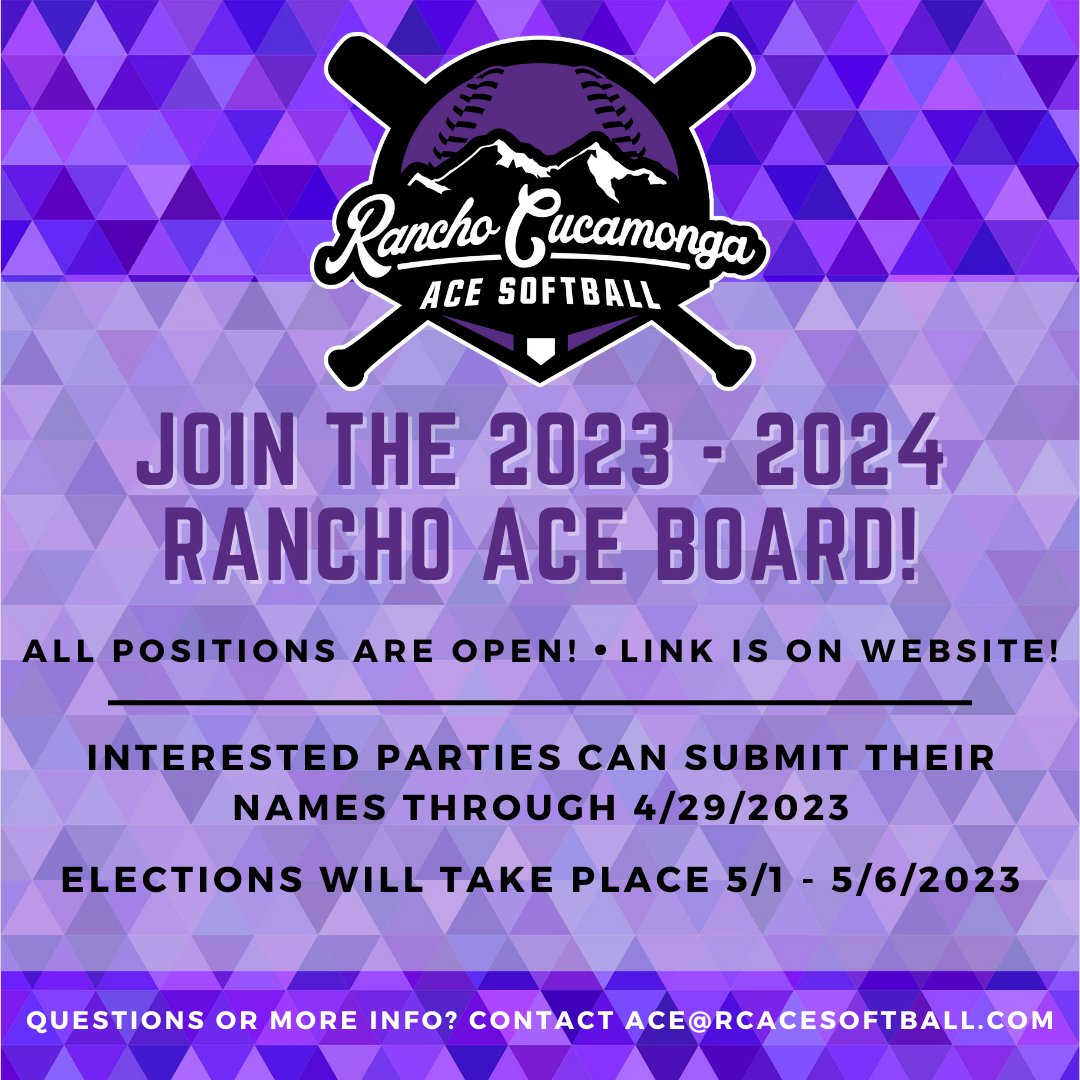 The Rancho ACE Board is seeking new members! Interested in making a difference & shaping the future of our league? Sign up to be on the ballot before 4/29/23. Your involvement can make all the difference! #RanchoACESoftball #JoinTheBoard
➡️ ow.ly/jsGp50NQSTI