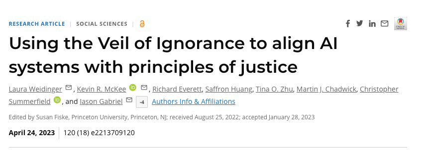 our @deepmind paper is out in PNAS!

we use john rawls' veil of ignorance as a method of choosing principles to align AI 👰‍♀️🤖

participants behind the veil are more likely to choose principles that prioritize the worst off, driven by fairness concerns

pnas.org/doi/10.1073/pn…