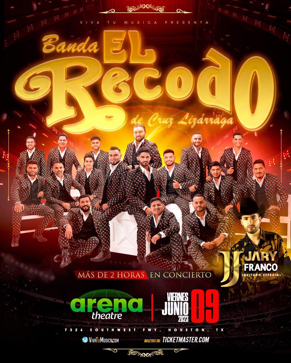 ElRecodoOficial's tweet photo. HOUSTON, TEXAS | 0️⃣9️⃣ JUNIO - BANDA EL RECODO 

¡A toda nuestra gente de Houston... vamos a armar la gran pachanga! Nos vemos en el Arena Theatre con un recorrido musical por nuestra historia. ¡Será una noche inolvidable! #iUUU 🤠

🎟BOLETOS 👉 https://t.co/jQBZeODRhM https://t.co/IscSlGBm8B
