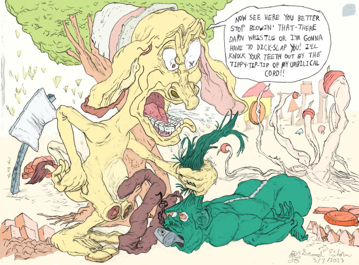Fireouch's tweet photo. "I'm Gonna Dick-Slap You With My Umbilical Cord!"

#CartoonArt #Silly #umbilicalcord #dickslap #funny #illustration #whistle #anger #floppyears #troll https://t.co/uMiuKOT0rl