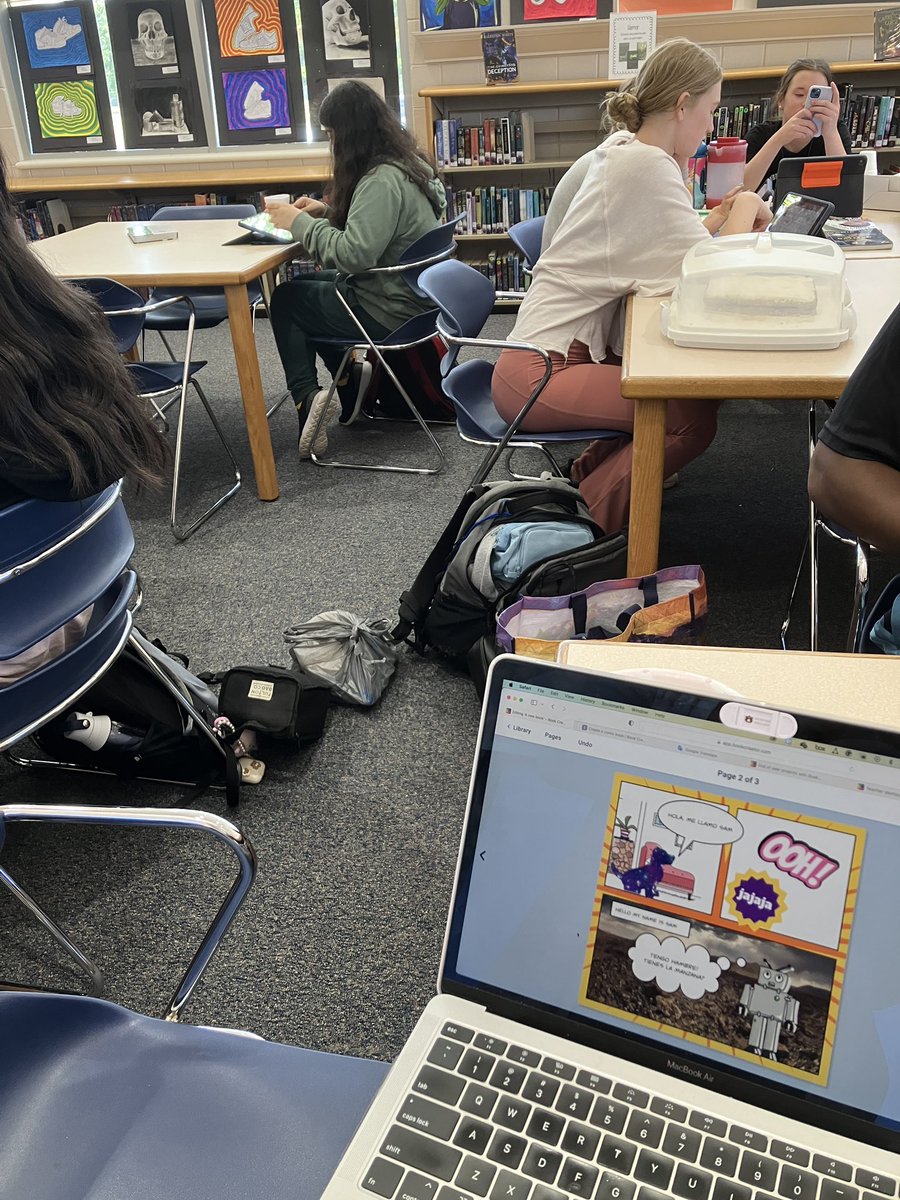 KatieRainer1's tweet image. Day 1 of Alabama School Library Week! My favorite part of librarianship is collaborating with teachers to teach classes. Mrs. A’s Spanish 2 students came to look at comic/graphic elements and use @BookCreatorApp to write short stories in Spanish #aslw23 #ALLibraries