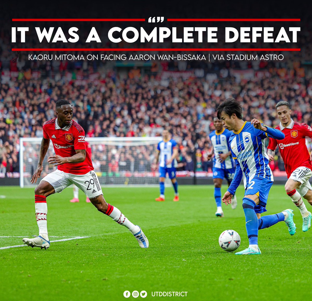 ZaidBalll's tweet photo. Kaoru Mitoma: “[Aaron Wan-Bissaka] is a strong opponent, that is what I thought while I was playing. But there were a lot of scenes where his legs stretched at the end or he got the ball down to the back. I think it was a complete defeat.” [@stadiumastro] 

📸 - @UtdDistrict https://t.co/KO2kbmkNJR