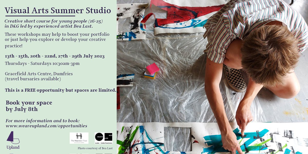 @WeAreUpland’s Visual Arts Summer Studio will be hosted by Professional Visual Artist, @BeaLast, at the @gracefieldarts. It’s FREE to take part in throughout July, so book your place ASAP as spots will likely fill fast.

#fundingDGYP #HolywoodTrust @axisweb @sca_net @DG_Unlimited