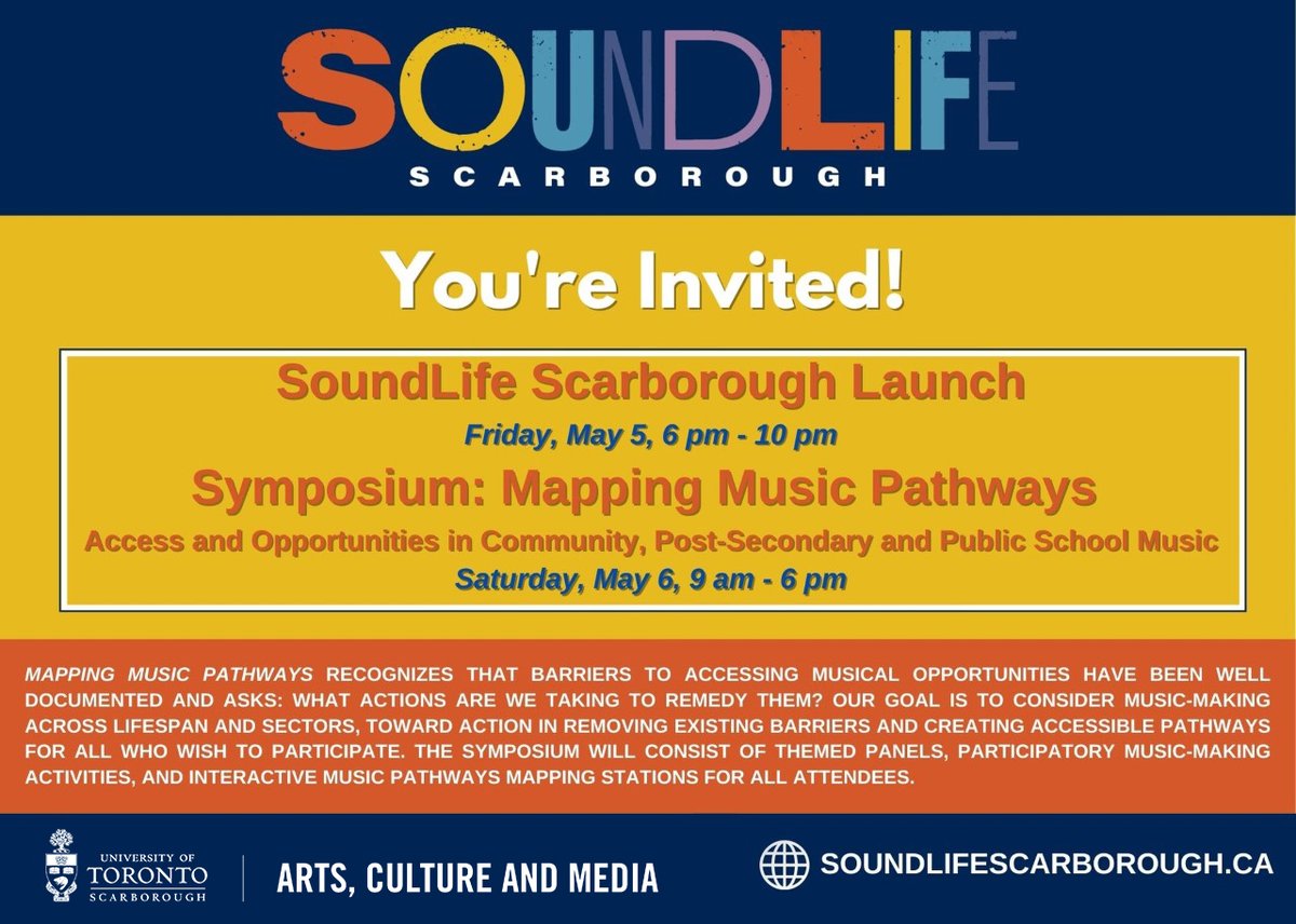 Join us on May 5 for the official launch of SoundLife Scarborough, the new centre for music and community engagement at <a href="/UTSC/">University of Toronto Scarborough</a>. We will also host a one-day symposium with themed panels, participatory music-making activities. Free and open to all! Register: eventbrite.com/e/603950200307.