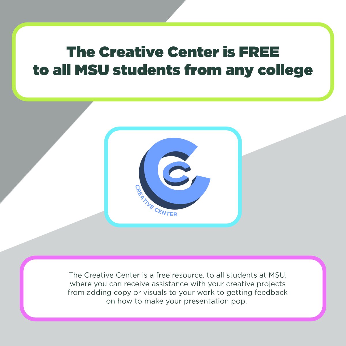 Want to learn how to enhance your creative abilities? Check out MSU's creative center where students provide free services to help their peers with portfolios and projects.  Click the link below to learn more.

creativecenter.adv.msu.edu/about.html