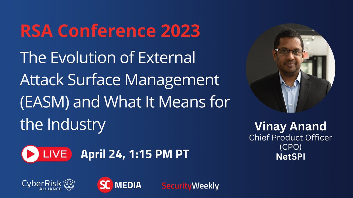 SCMagazine's tweet image. We're about to go LIVE from Broadcast Alley at 1:15 PM PT at #RSAC2023 with Vinay Anand from @NetSPI. Tune in HERE: scmagazine.com/rsac

#lateralsecurity #cybersecurity