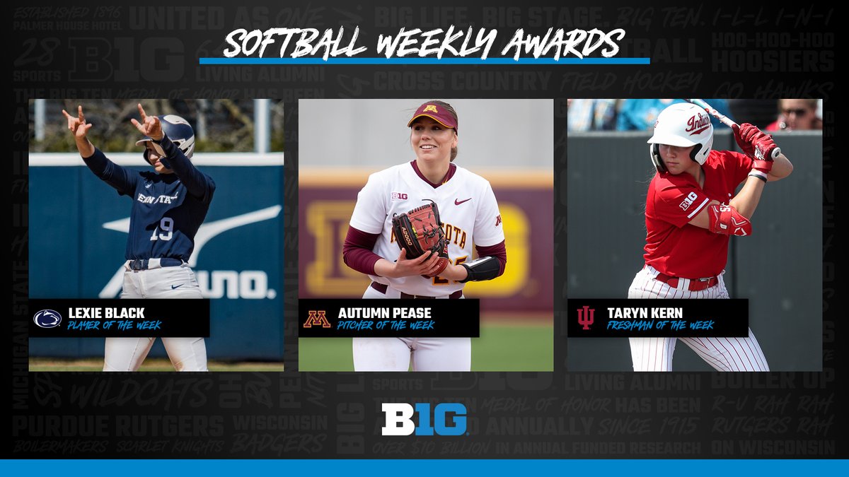 B1Gsoftball's tweet photo. 🥎🏅 Congrats to this week's #B1GSoftball honorees! 

𝙋𝙡𝙖𝙮𝙚𝙧: Lexie Black, @PennStateSB
𝙋𝙞𝙩𝙘𝙝𝙚𝙧: Autumn Pease, @GopherSoftball
𝙁𝙧𝙚𝙨𝙝𝙢𝙖𝙣: Taryn Kern, @IndianaSB
 
🔗 https://t.co/jv9TQ4aoJP https://t.co/HPvFqLYgTm