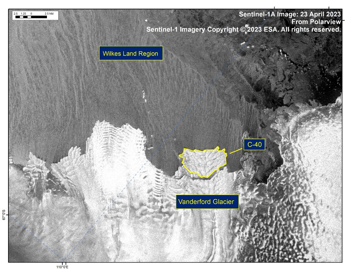 USNIC analyst, Katie Quinn has confirmed #iceberg C-40 has calved from the Vanderford Glacier in the Wilkes Land Region of #antarctica. It currently measures 7x4nm and was initially spotted by Dr. Jan Lieser at Australia's Bureau of Meteorology #itstartswithus