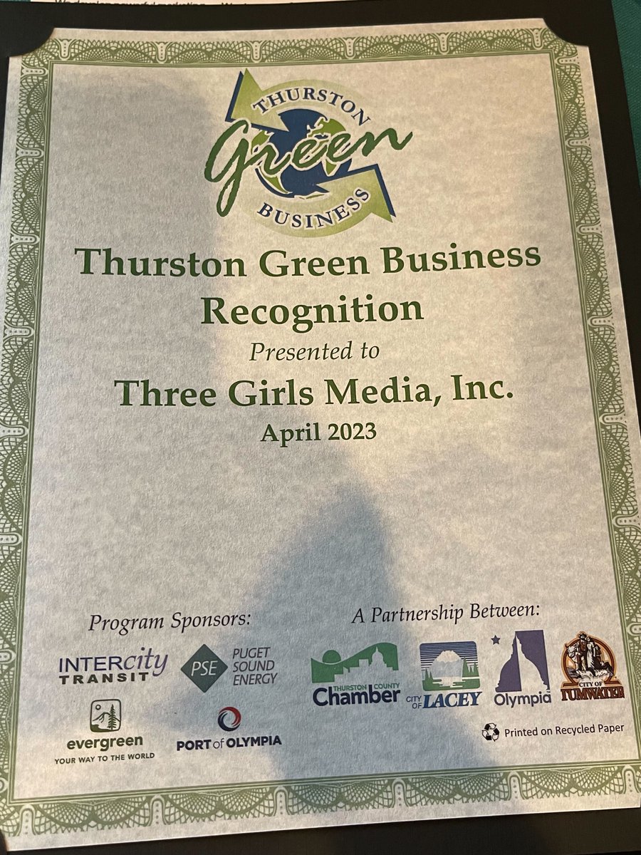 We’ve come a long way since starting <a href="/ThreeGirlsMedia/">Three Girls Media, Inc.</a>! I’m super honored that we received the Thurston County Chamber Green Business award last week.

#ThurstonCounty #Award #GreenBusiness