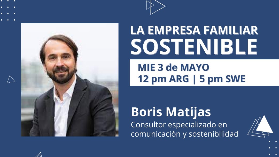 "Sin empresas familiares sostenibles no habrá transición a la economía verde", postula Boris Matijas.

📅 Miércoles 3 de mayo | 12pm (Arg) - 5pm (Swe)
👩🏻‍💻 ¡Encontrá el link de acceso en el aula virtual!
✅ Y si todavía no sos parte del XII SICEF escribinos a info@iadef.org
