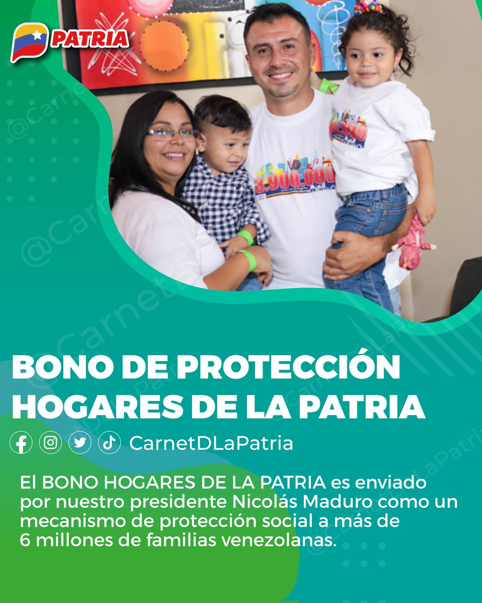 #ATENCIÓN|| El Bono Hogares de la Patria, es enviado por nuestro Pdte. @NicolasMaduro, como un mecanismo de protección social a más de 6 millones de familias venezolanas, a través de la #PlataformaPatria. Acreditado los primeros días de cada mes. #ALBAEsNuestramerica #24Abr