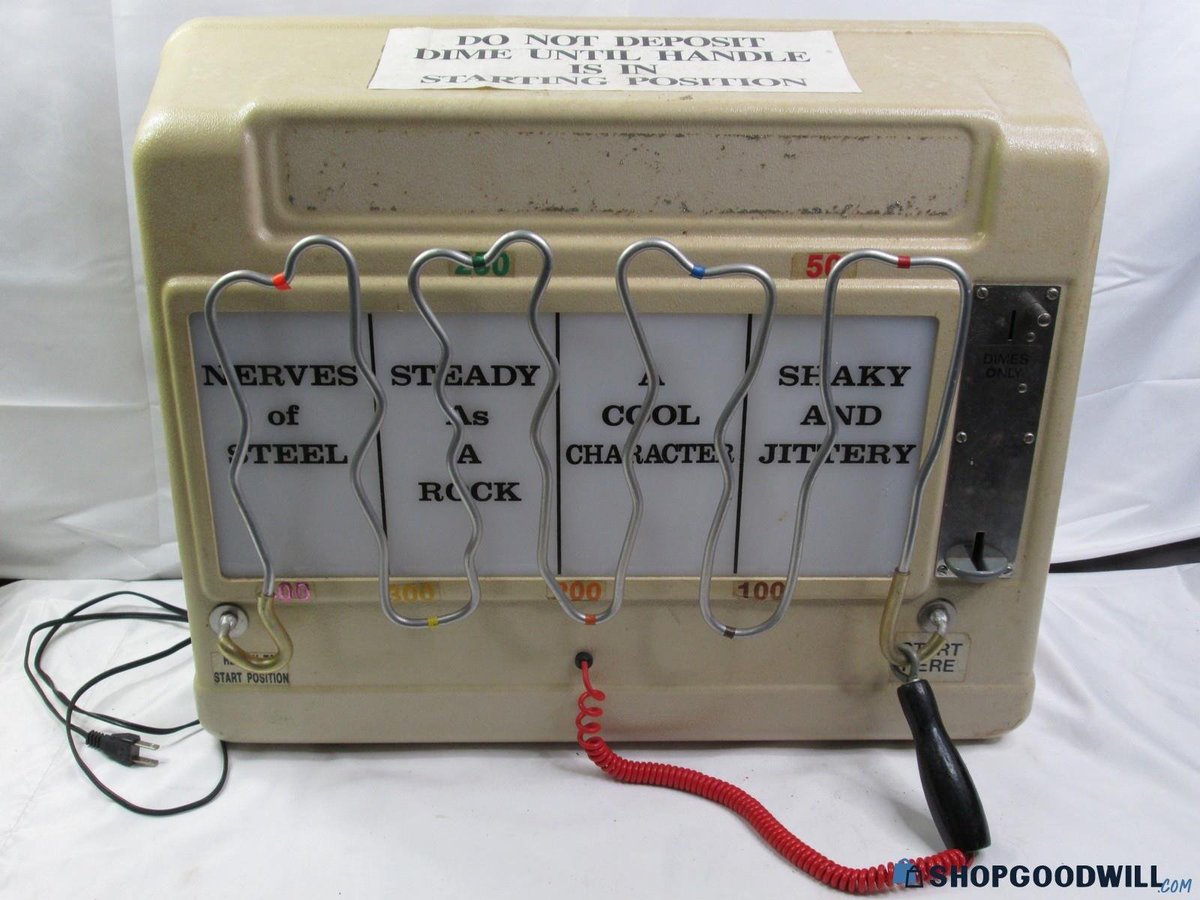 GoodwillGoblin's tweet photo. "The Challenger," an electromechanical game of skill produced by Dyna-Tec Industries in the 1960s, has appeared on ShopGoodwill. The goal is to maneuver the loop to the end without touching the wire. Do not deposit dime until handle is in starting position! https://t.co/fwBAF9GVwS