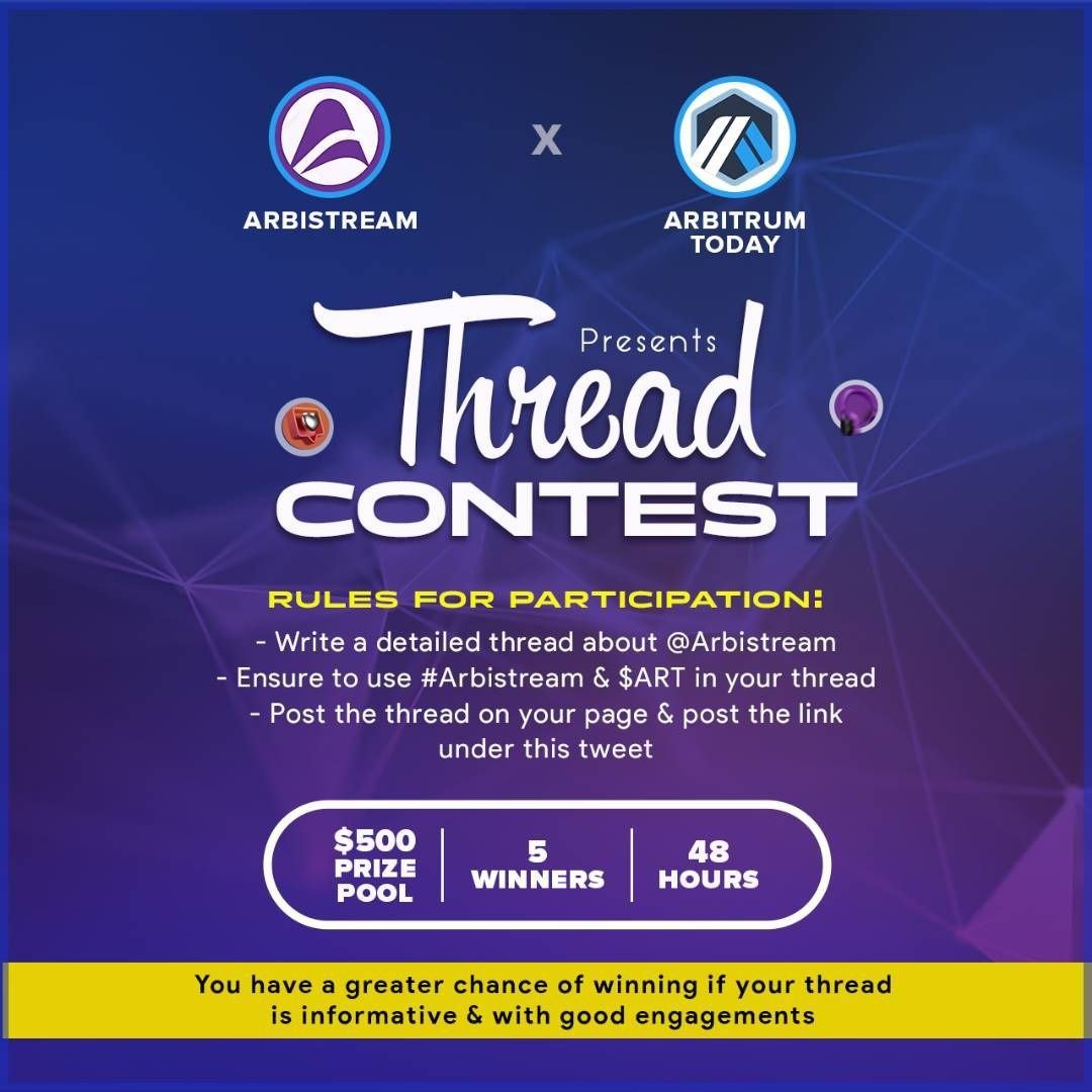ArbitrumToday_'s tweet photo. 🔥 ARBITRUM TODAY x ARBISTREAM THREAD CONTEST!

$500 $ART to 5 lucky winners! 💸

🏆To win:
1️⃣ Follow @ArbitrumToday_  + @arbistream and turn on 🔔 for both accounts
2️⃣ RT, Like this post
3️⃣ Join TG: https://t.co/K2jR8eS2CK & https://t.co/o4nY874Lky
4️⃣ Follow the instructions below: 👇

#ArbitrumToday