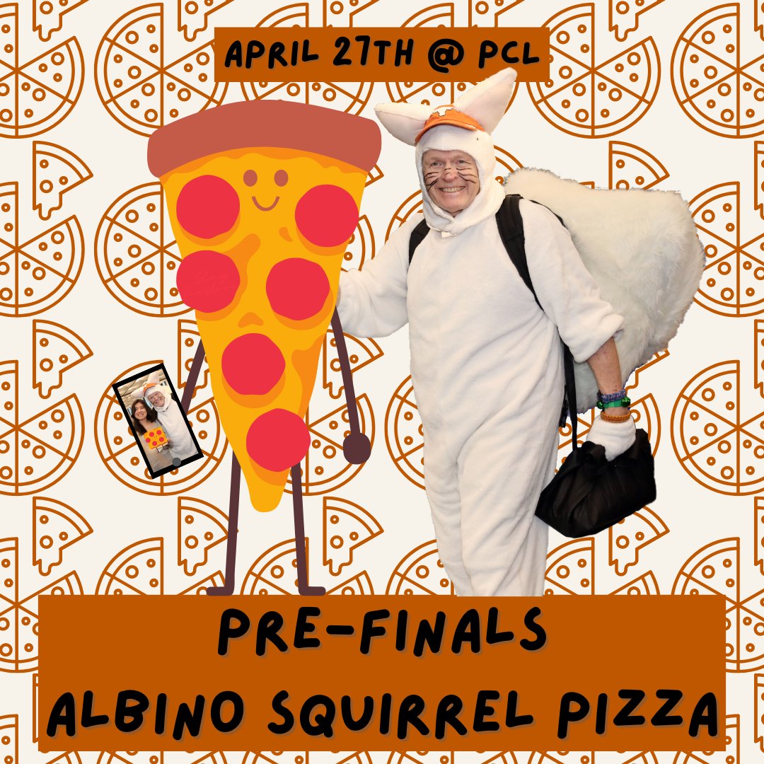 utlibraries's tweet photo. Everyone's gotta study, and everyone's gotta eat. Do both Thursday, April 27, at noon in the PCL. Our famous Albino Squirrel will be making an appearance, posing for photos, and handing out free pizza to anyone studying. We hope to see you there! #albinosquirrel #utlibraries https://t.co/hwXDjFuh1l