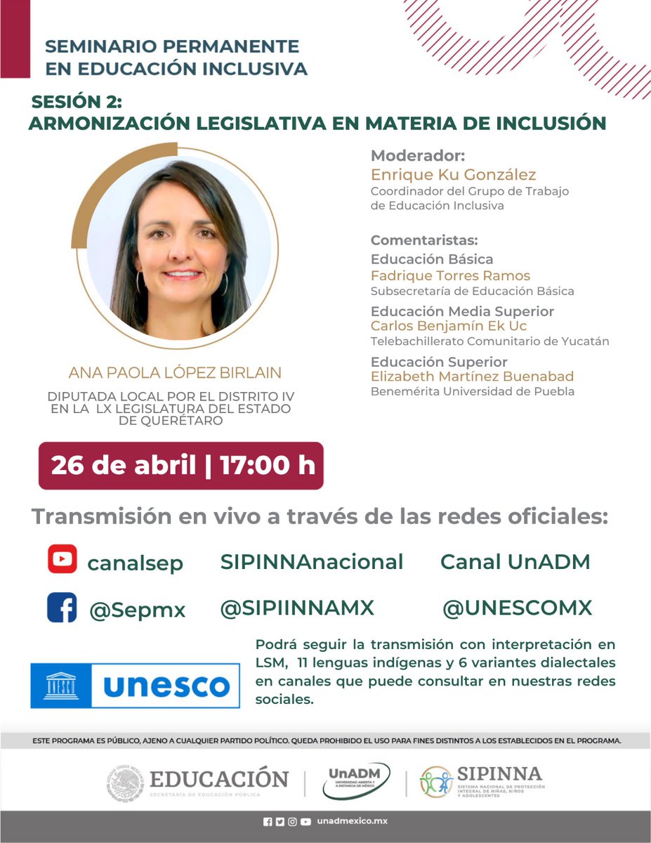 SIPINNA_MX's tweet photo. No te pierdas el Seminario Permanente de Educación Inclusiva Sesión 2: Armonización Legislativa en Materia de Inclusión, impartida por @AnaPaolaLopezB, Diputada local
@legislaturaqro.  

Fecha: 26 de abril | 17 hrs.
 
Sigue la transmisión en: https://t.co/JW1t4O4kjJ

@SEP_mx https://t.co/t5BHS4u6qY