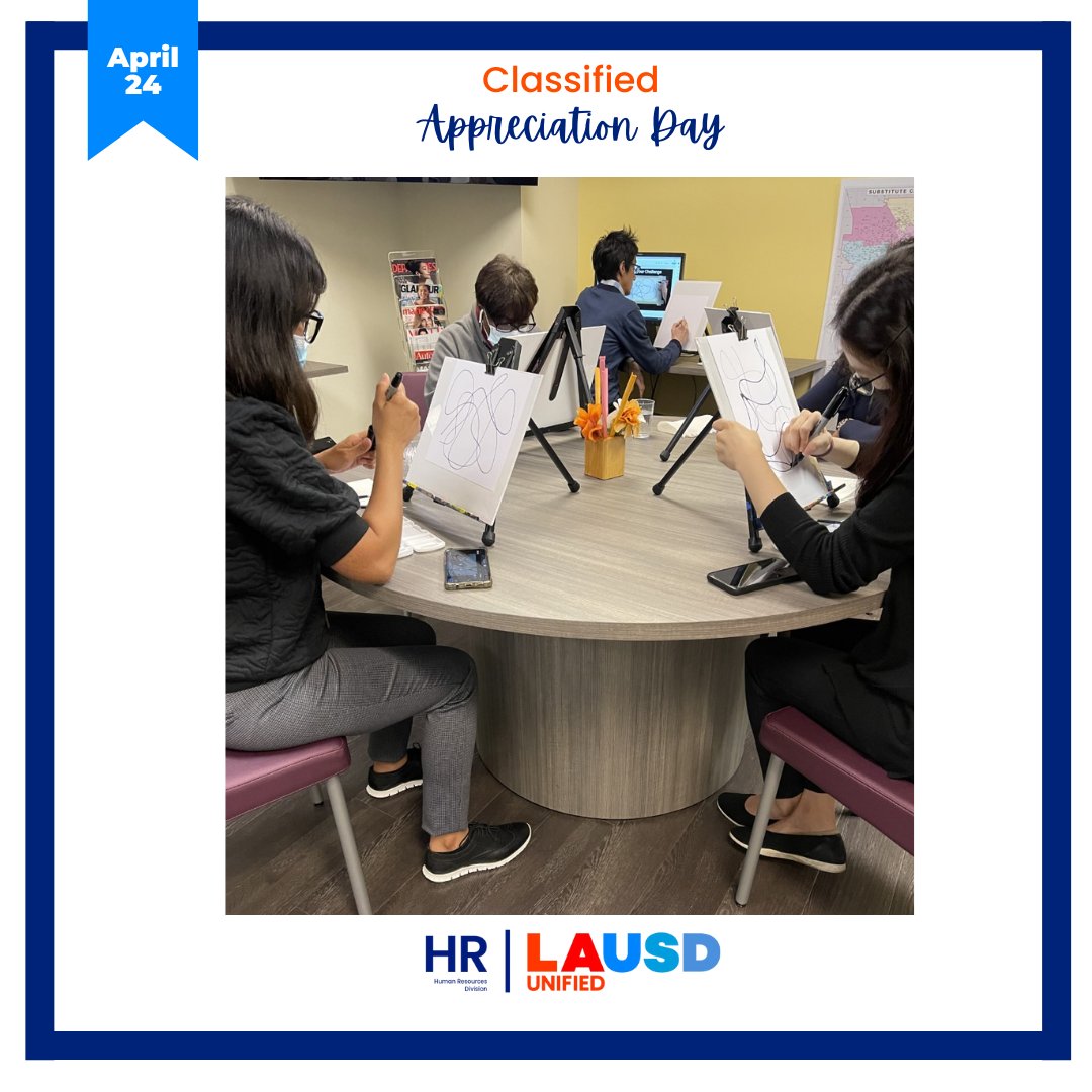 LAUSDHR's tweet photo. In honor of #ClassifiedAppreciationDay Monday, 4/24, the HR team wanted to recognize the hard work and dedication of our classified staff. We had some great ✨Wellness✨ activities employees could enjoy and participate in. 💙🧡❤️ #ReadyForTheWorld #OneVoiceOneHR https://t.co/Khr9O81YZK