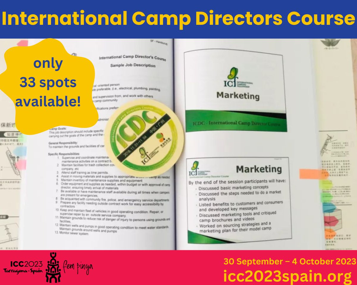 ICFButterfly's tweet image. ICDC: 30 September – 4 October 2023

The ICDC has been developed as a professional development course for camp managers, directors and operators and other experienced camp staff professionals 
Find out about how to register here icc2023spain.org/program/#icdc

#icc2023spain