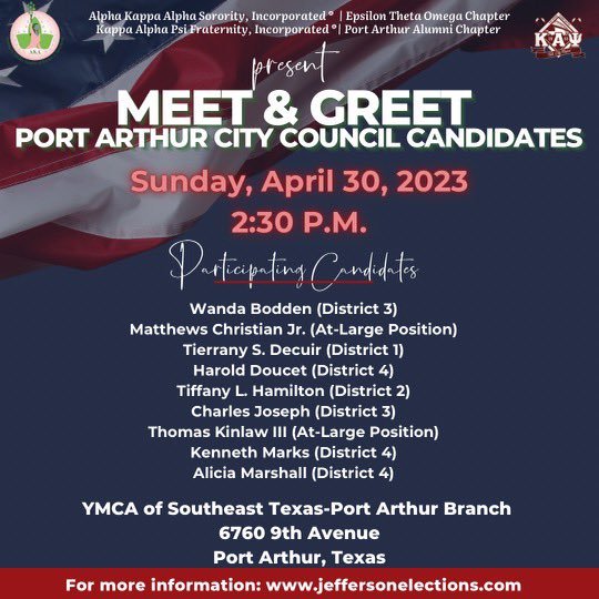 eto_aka's tweet photo. Alpha Kappa Alpha Sorority, Incorporated, Epsilon Theta Omega Chapter in partnership with Kappa Alpha Psi Fraternity, Incorporated, Port Arthur Alumni Chapter host Meet &amp; Greet: Port Arthur City Council Candidates!
#AKA1908 #AKAConnectionsAndSocialAction #AdvocateForSocialJustice https://t.co/zGoTgFKwQH