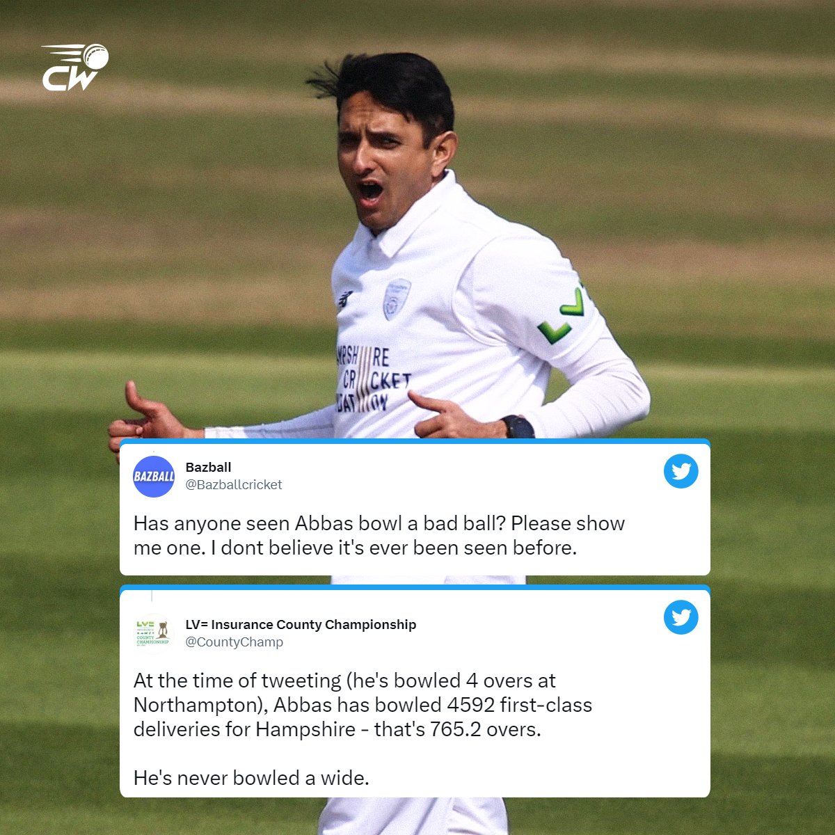 Cricwick's tweet image. 𝑼𝒏𝒓𝒆𝒂𝒍 𝒂𝒄𝒄𝒖𝒓𝒂𝒄𝒚 ☄

@RealMAbbas226 has now bowled 7️⃣8️⃣6️⃣.5️⃣ overs for Hampshire without ever bowling a single wide delivery 🤯

#MohammadAbbas #CountyChampionship #CricketTwitter