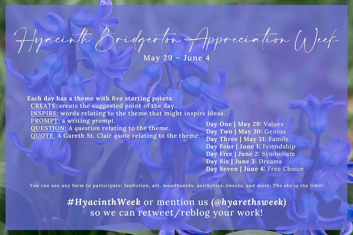 hyarethsweek's tweet photo. in five weeks, we will be hosting #hyacinthweek! we love hyacinth, and it's about time to show our favorite bridgerton and flower the love she deserves tenfold. here are the themes. in two weeks, we'll reveal the starting points for each theme. #bridgerton #hyacinthbridgerton https://t.co/2WlAufxSxk