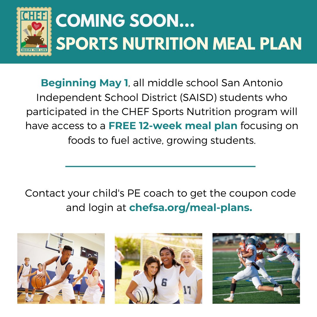 CHEF (@chefsanantonio) on Twitter photo Beginning May 1, all middle school <a href="/SAISD/">San Antonio ISD</a> students who participated in our Sports Nutrition program will have access to a FREE 12-week meal plan. Contact your child’s PE coach to get their coupon code that gives them free access to the plan.chefsa.org/meal-plans <a href="/SAISDHealthPE/">Health & PE, SAISD</a> Beginning May 1, all middle school <a href="/SAISD/">San Antonio ISD</a> students who participated in our Sports Nutrition program will have access to a FREE 12-week meal plan. Contact your child’s PE coach to get their coupon code that gives them free access to the plan.chefsa.org/meal-plans <a href="/SAISDHealthPE/">Health & PE, SAISD</a>