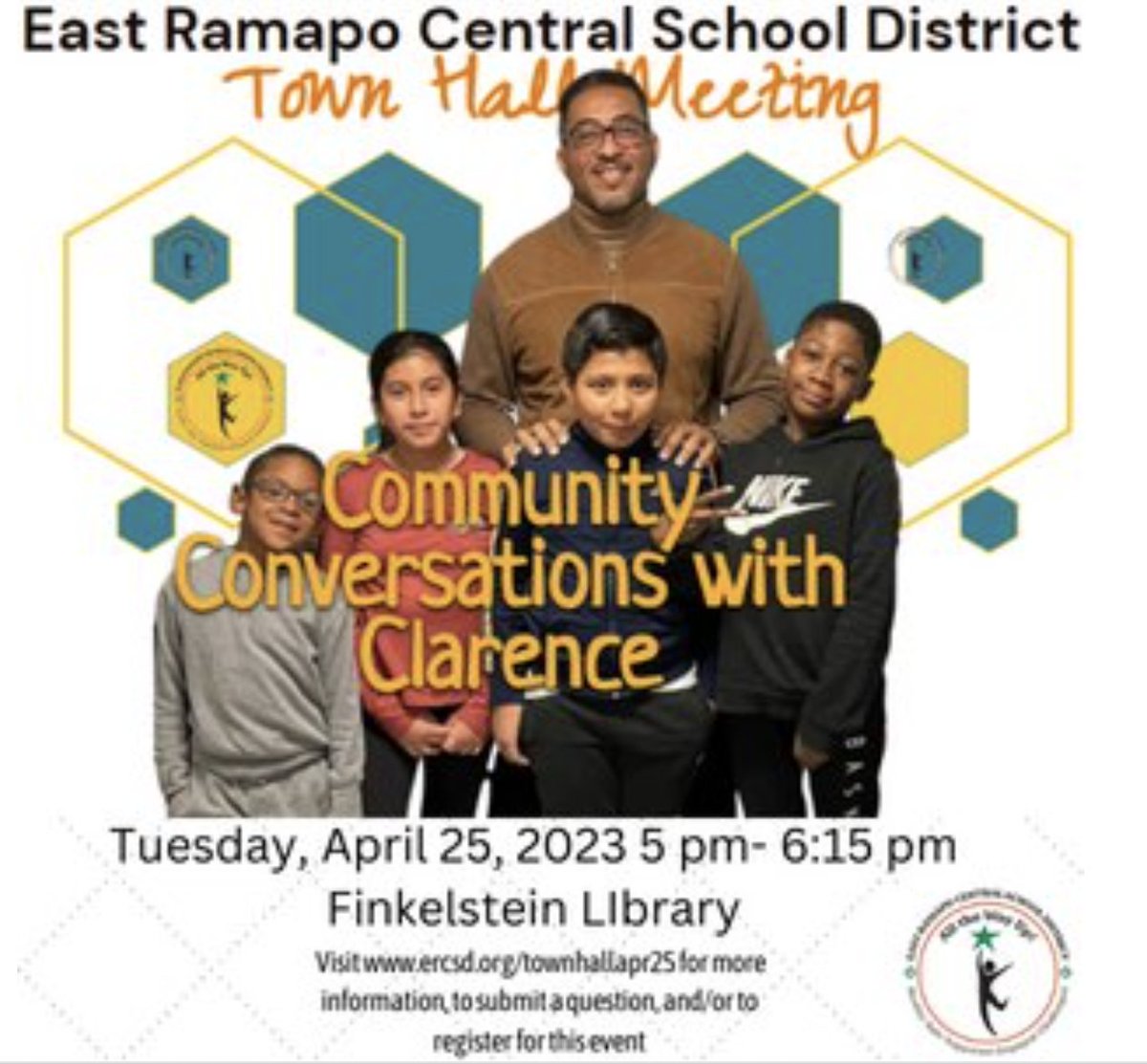 #EastRamapo #TownHall this Tuesday night, April 25, 2023 from 5:00 P.M. - 6:15 P.M. @ Finkelstein Library. "Community Conversation with Clarence" is a chance for the public to connect with Superintendent Dr. Clarence Ellis. Visit ercsd.org/townhallapr25 for more details &amp; info.